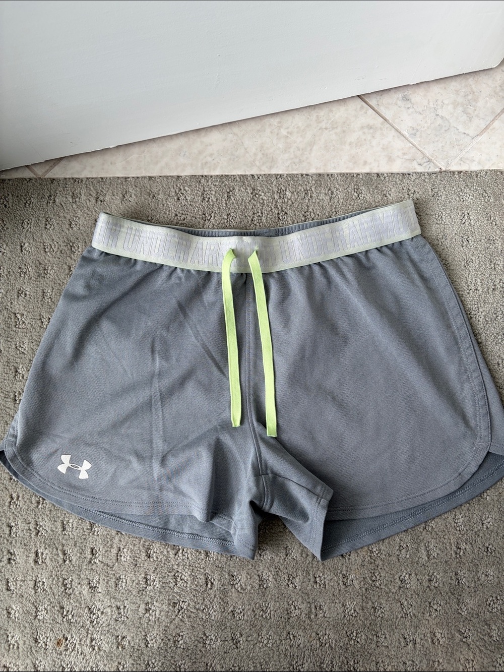 Under Armour Gray Women's Athletic Shorts with Neon Yellow Drawstring